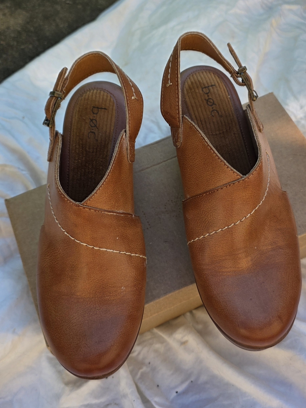 b.o.c. Tan Leather Slingback Clogs with Buckle